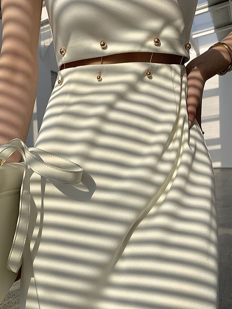 Elegant Cream/Light Beige Midi Dress Short Sleeve High Waist Cut Out