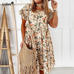 Women's Summer Dresses Floral Print Bohemian Short Sleeve Dress with Ruffles Plus Sizes S-3XL