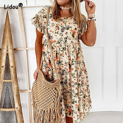 Women's Summer Dresses Floral Print Bohemian Short Sleeve Dress with Ruffles Plus Sizes S-3XL