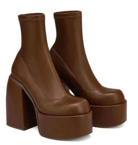 Block Heel Platform Boots Women Luxury Chunky Casual Elegant Fashion Shoes