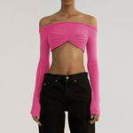 Women's See-Through Mesh Crop Top Off Shoulder Short Knit Cropped Top