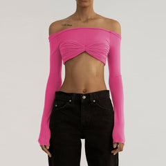 Women's See-Through Mesh Crop Top Off Shoulder Short Knit Cropped Top