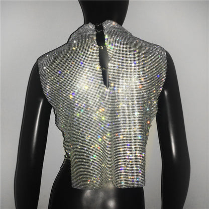 Sexy Rhinestone Crop Top Glitter Turtleneck Sparkly Shirt