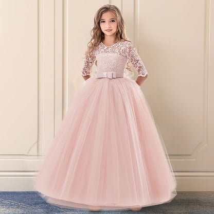 Formal Girl’s Princess Dress Lace Embroidered Prom Ball Gown Weedding Flower Girl Dress