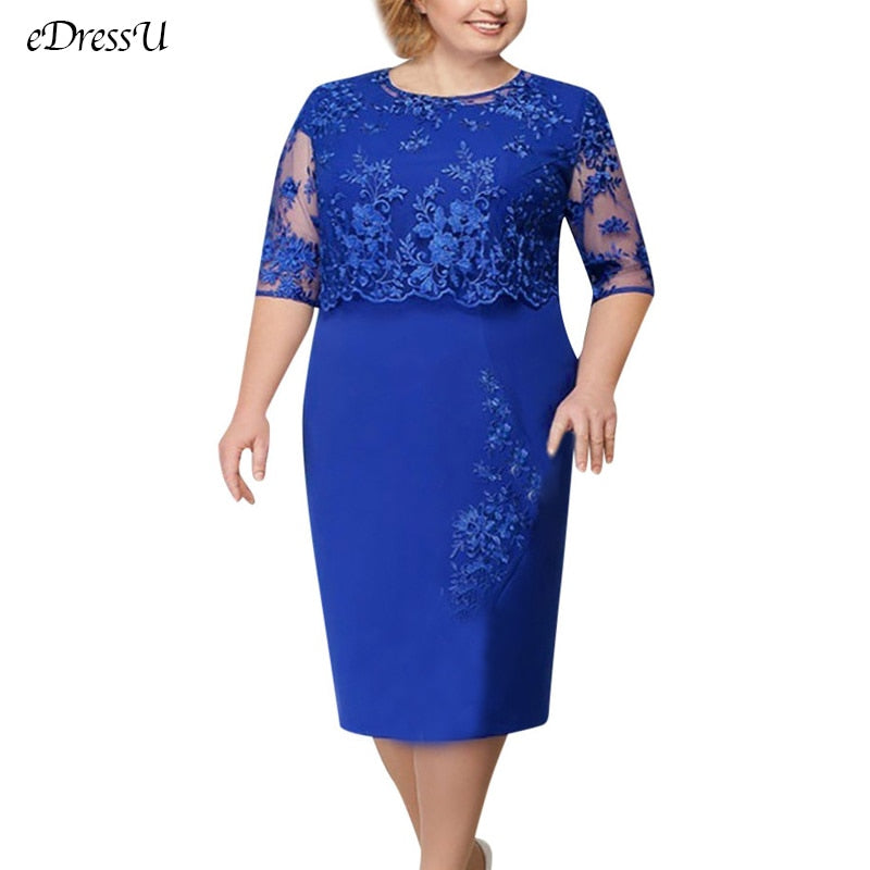 Women's Plus Size Lace Evening Party Dress Elegant Mother of the Bride Dress Round Neck Wedding Guest Dress