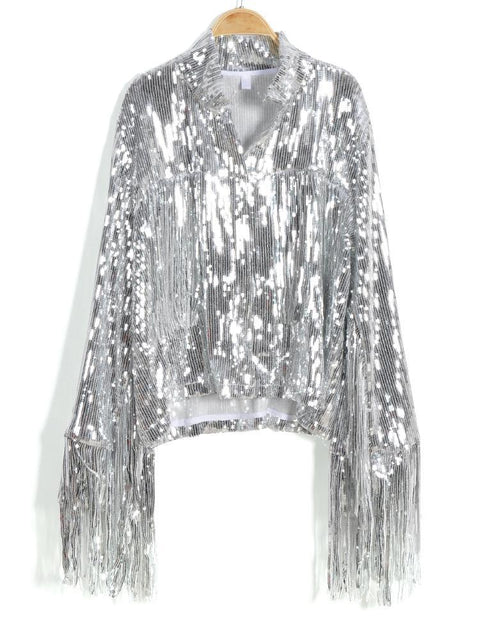 Sequin Glitter Coat Women Retro Long Sleeve Reflective Tassel Chic Casual Outerwear Fashion