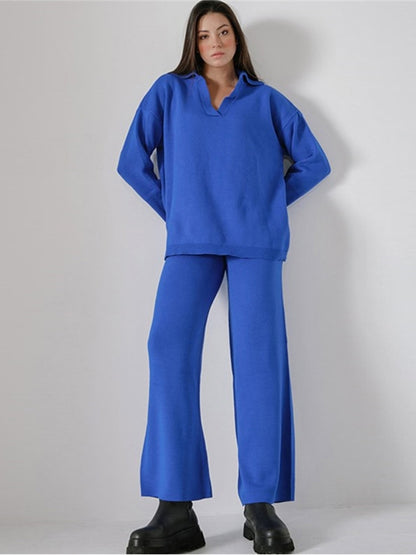 Women's Solid Lapel Loose Knitted Sweater & Wide Leg Pant Set