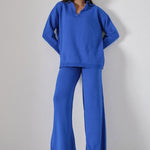 Women's Solid Lapel Loose Knitted Sweater & Wide Leg Pant Set