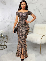 Sexy Floral Print Dress Off Shoulder Slit Mermaid Maxi Evening Party Dress
