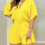 Women's Casual Summer Jumpsuit Short Batwing Sleeves Shirred Waist V-Neck Rompers