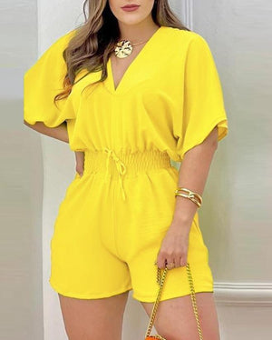 Women's Casual Summer Jumpsuit Short Batwing Sleeves Shirred Waist V-Neck Rompers