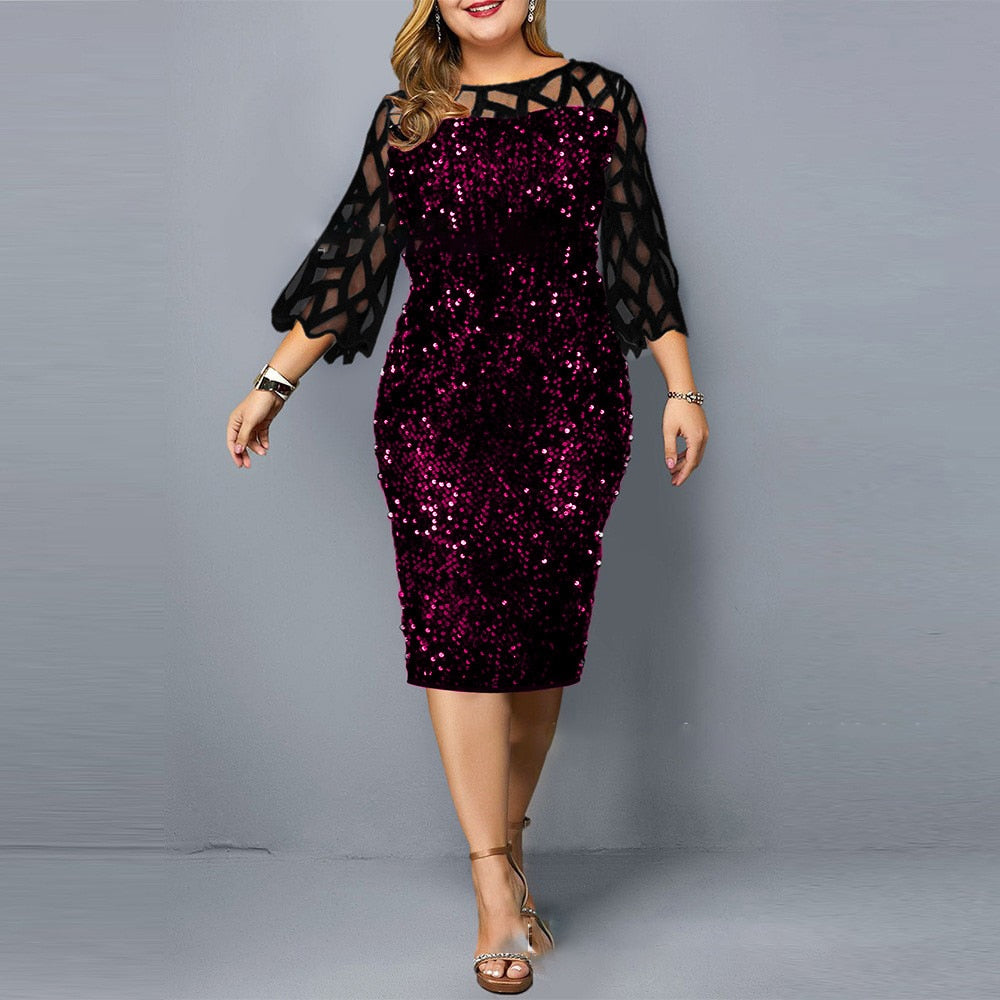 Plus Size Elegant Sexy Sequin Midi Sparkly Dress