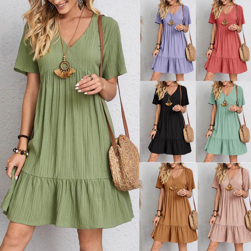 Women's Casual V-Neck Floral And Solid Color Loose Dresses