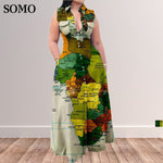 Women's Plus Size Map Print Sleeveless Dress Lapel Casual Maxi Long Dress (L-5XL)