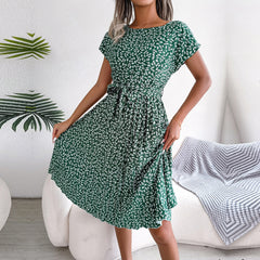Floral Print Pleated Spring Summer Dress Short Sleeve High Waist Fashionable Dress