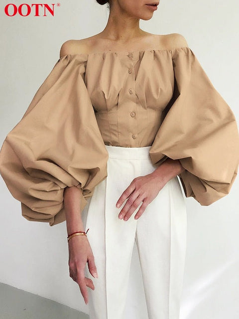 Off Shoulder Puff Long Sleeve Shirt Women Button Casual Elegant Spring Summer Fashion Top