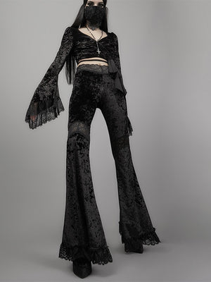 Flared Black Velvet Pants Bell Bottom Pants, Unique Lace Detail, Goth Punk Grunge