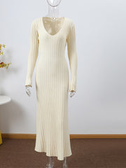 Solid Knitted Long Dress Elegant Pleated Dress