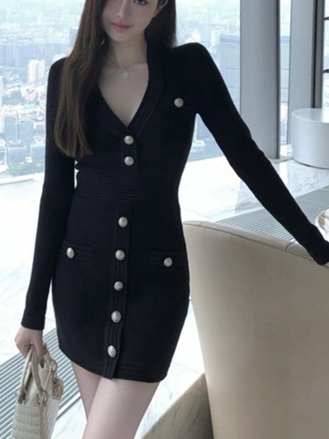 Long Sleeve V-Neck Button Knit Midi Dress Women Slim Elegant Casual Party Fashion