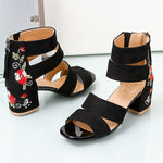 Women’s Embroidered Mid-Heel Sandals Wedges Back Zipper Shoe