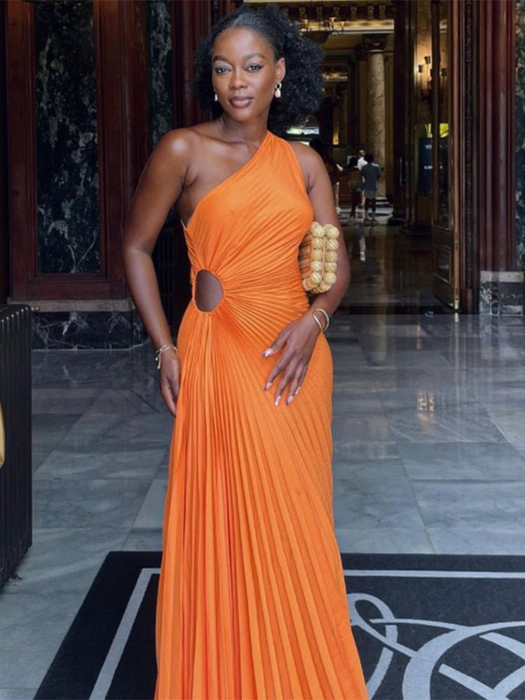 Orange One Shoulder Satin Maxi Dress Pleated Formal Wedding Guest Asym