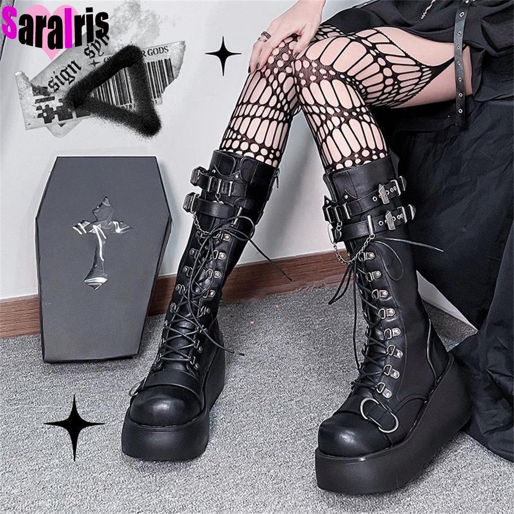 Gothic Mid Calf High Platform Boots for Women High Heel PU Faux Leather Wedge Boots