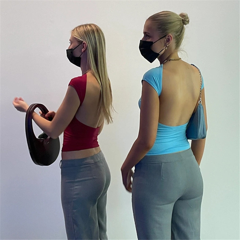 Short Sleeve Backless Tops Women Multi Ways Wear Crop Top