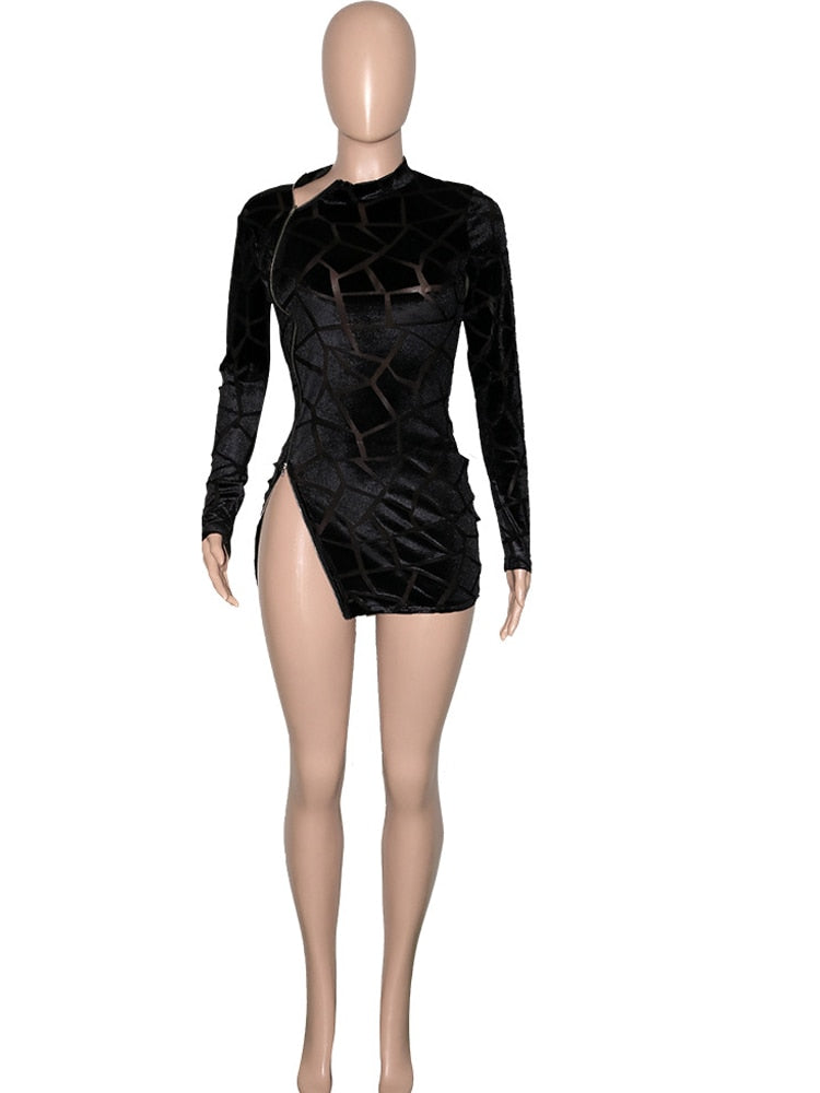 Women's Sexy Transparent Velvet Dress Long Sleeve Zipper Bodycon Mini Dress