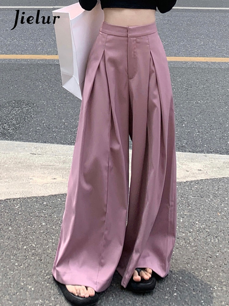 Women Loose High Waist Full-Length Solid Color Wide Leg Pants