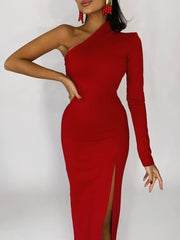 Elegant One Shoulder Mermaid Maxi Dress Stretch Fabric with Slit