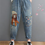 Women's Jeans Cartoon Litter Girl Embroidered Casual High Waist Denim Pants
