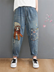 Women's Jeans Cartoon Litter Girl Embroidered Casual High Waist Denim Pants