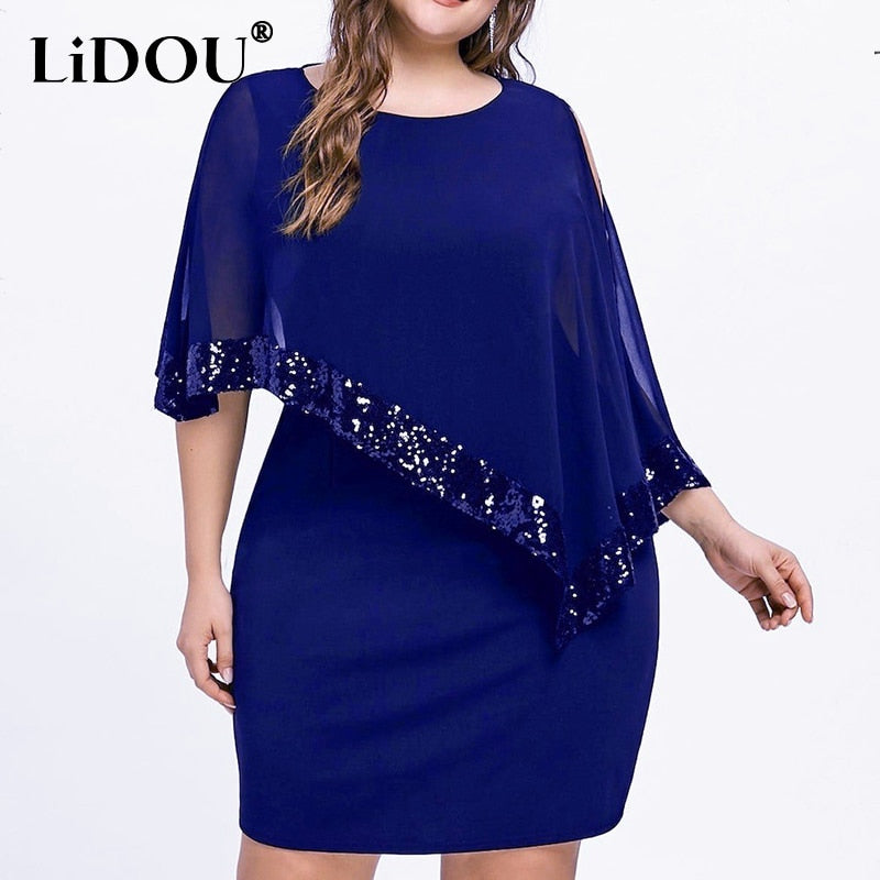 Plus Large Size Cold Shoulder Overlay Asymmetric Chiffon Strapless Sequin Dress