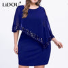 Plus Large Size Cold Shoulder Overlay Asymmetric Chiffon Strapless Sequin Dress