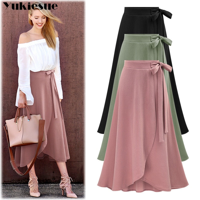 Women's High Waist Skirt Asymmetric Hem Ruffles Waist Bow Tie Maxi Skirt