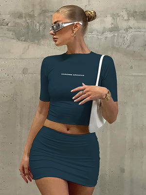 Letter Print Solid Turtleneck Short Sleeve Crop Top, Sexy Slim Skirt 2 Piece Set