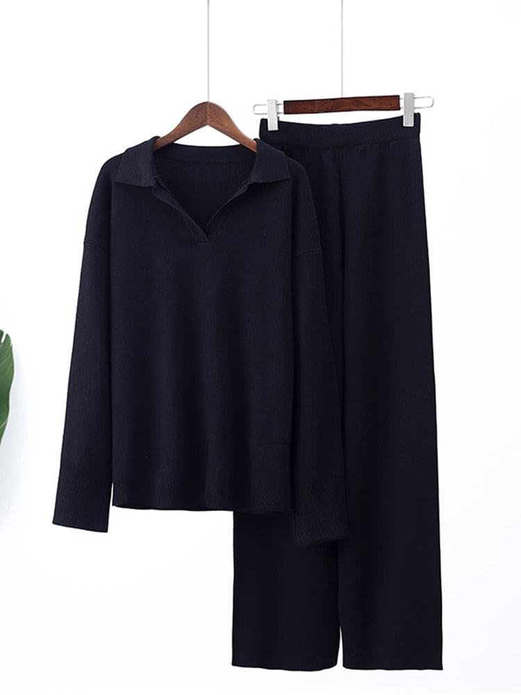 Women's Solid Lapel Loose Knitted Sweater & Wide Leg Pant Set