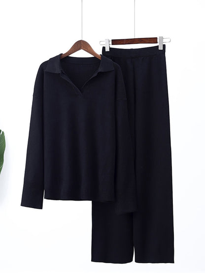 Women's Solid Lapel Loose Knitted Sweater & Wide Leg Pant Set