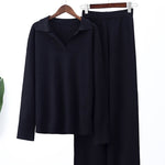 Women's Solid Lapel Loose Knitted Sweater & Wide Leg Pant Set