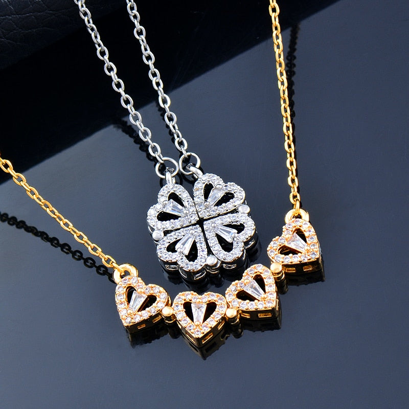 Shamrock Necklace Four Leaf Clover Heart Pendant 4 Crystal Heart Clover Gold Plated Stainless Steel Cubic Zirconia Necklace