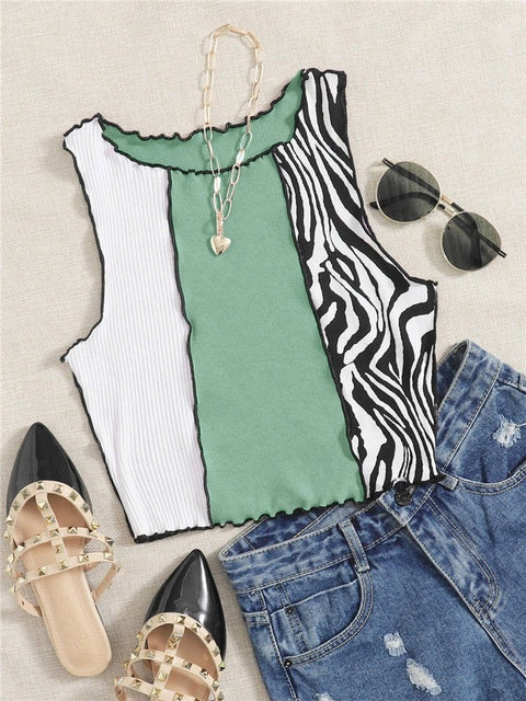 Zebra Stripe Rib Knit Crop Top Women Graphic Patchwork Y2K Sleeveless Tank Casual Fashion