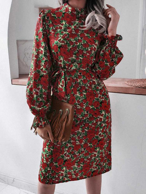 Leopard Print Puff Sleeve Maxi Dress Women Long Elegant Belted Holiday Party Fashion