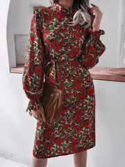Elegant Leopard Print Sundress Long Puff Sleeve Party Dress Holiday Belted Robe