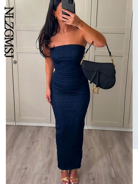 Strapless Backless Denim Maxi Dress Women Blue Zipper Split Frayed Party Casual Fashion Dress