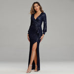 Front-Slit Ruched Prom Dress Sequin Long Sleeve Evening Gown