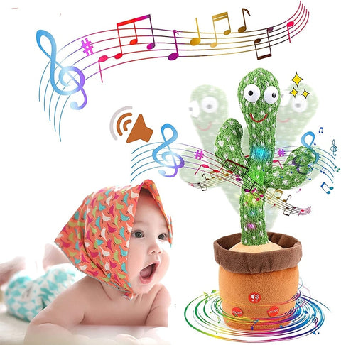 A dancing cactus toy in a brown pot with a child wearing a colorful hat looking at it attentively. The cactus toy is green with a happy facial expression, and there are musical notes and symbols in the background, indicating it plays music.