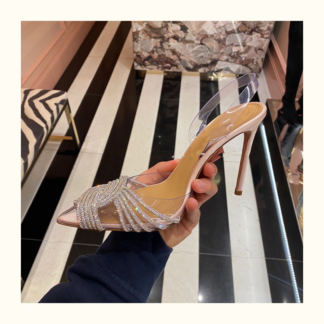 Clear PVC Slingback Women's Sandals Cross Crystal Pointed Toe Stiletto Heel Pumps Shoes