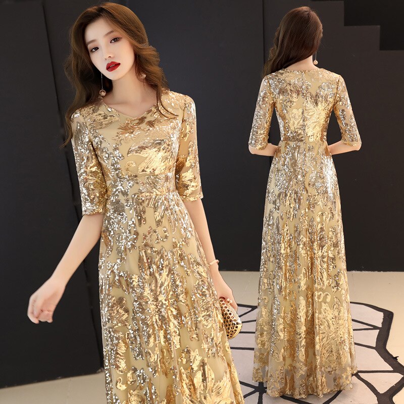 Gold Sequins Evening Party Dress