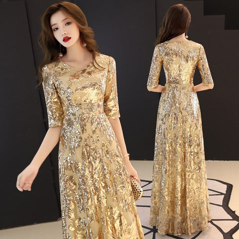 Gold Sequin Evening Party Dress Women Elegant Sparkly Prom Wedding Guest Fashion Dress