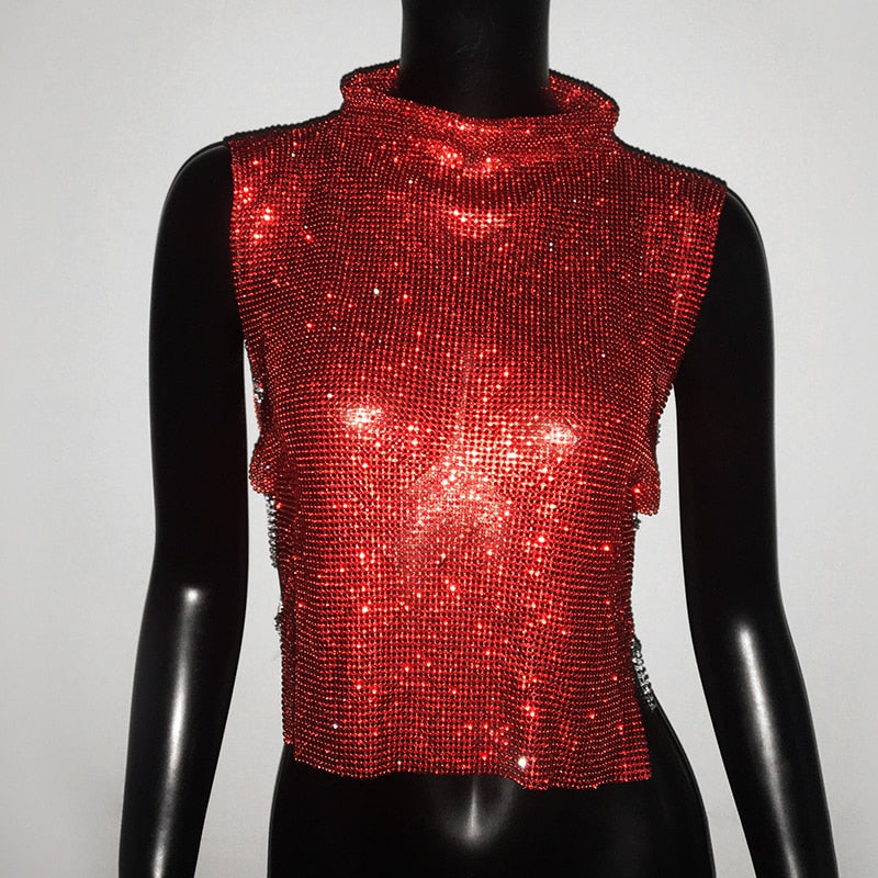 Sexy Rhinestone Crop Top Glitter Turtleneck Sparkly Shirt